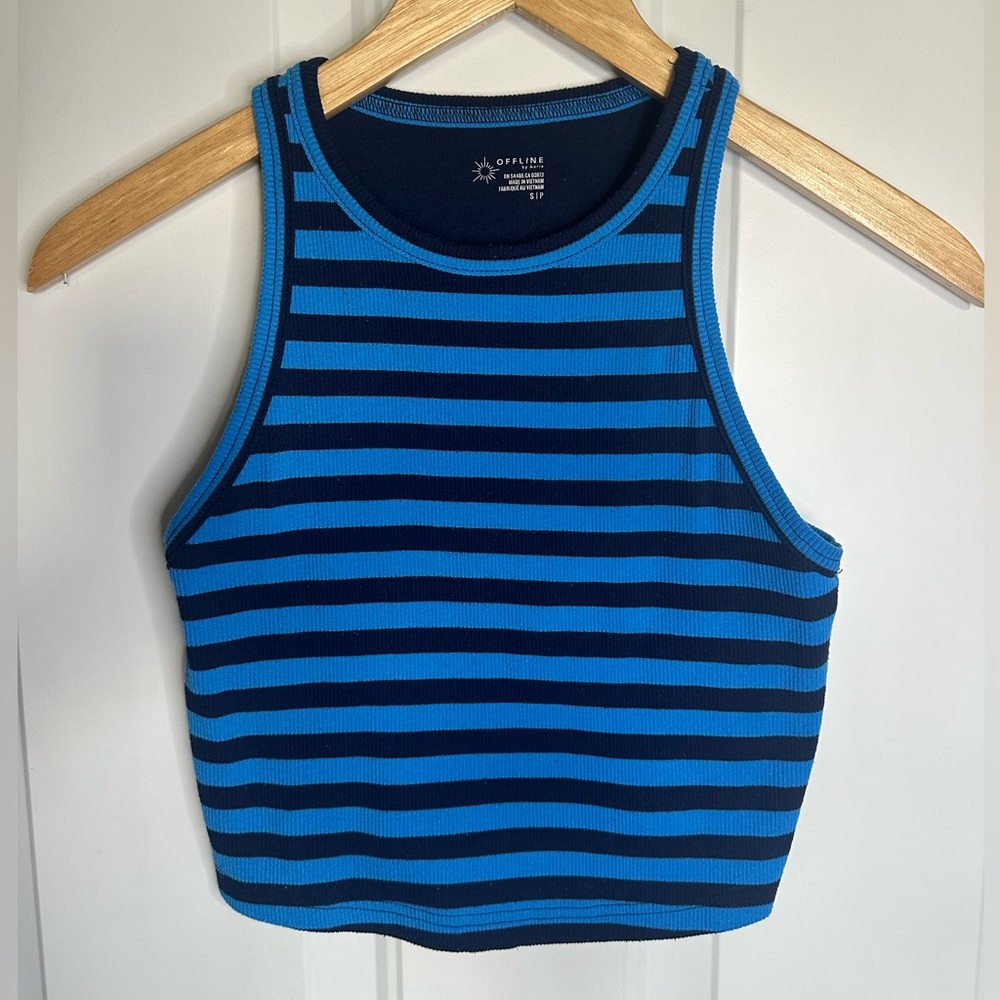 OFFLINE by Aerie Blue & Black Striped Ribbed Cropped Tank Top - Size Small (S/P)
